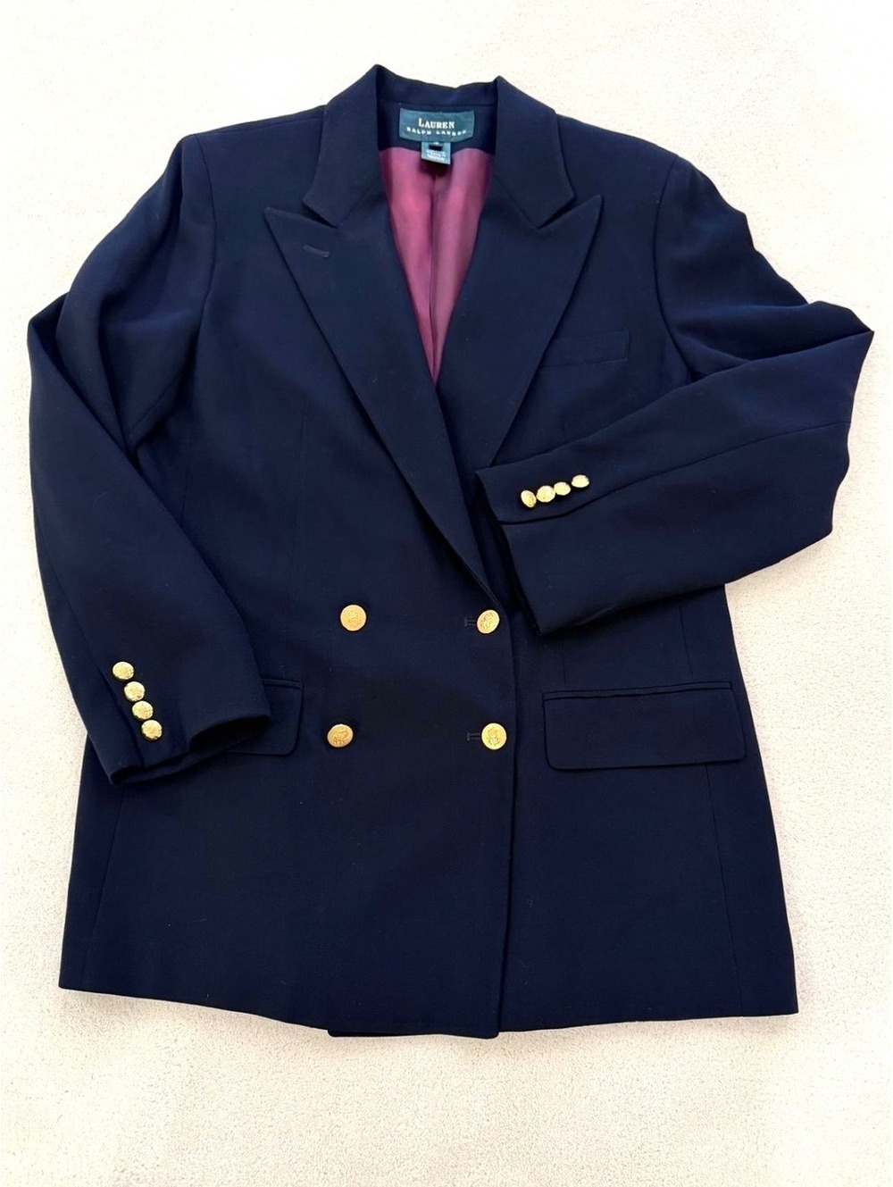 Vintage Lauren Ralph Lauren Navy Wool Blazer 12 Gold Crest Buttons USA
